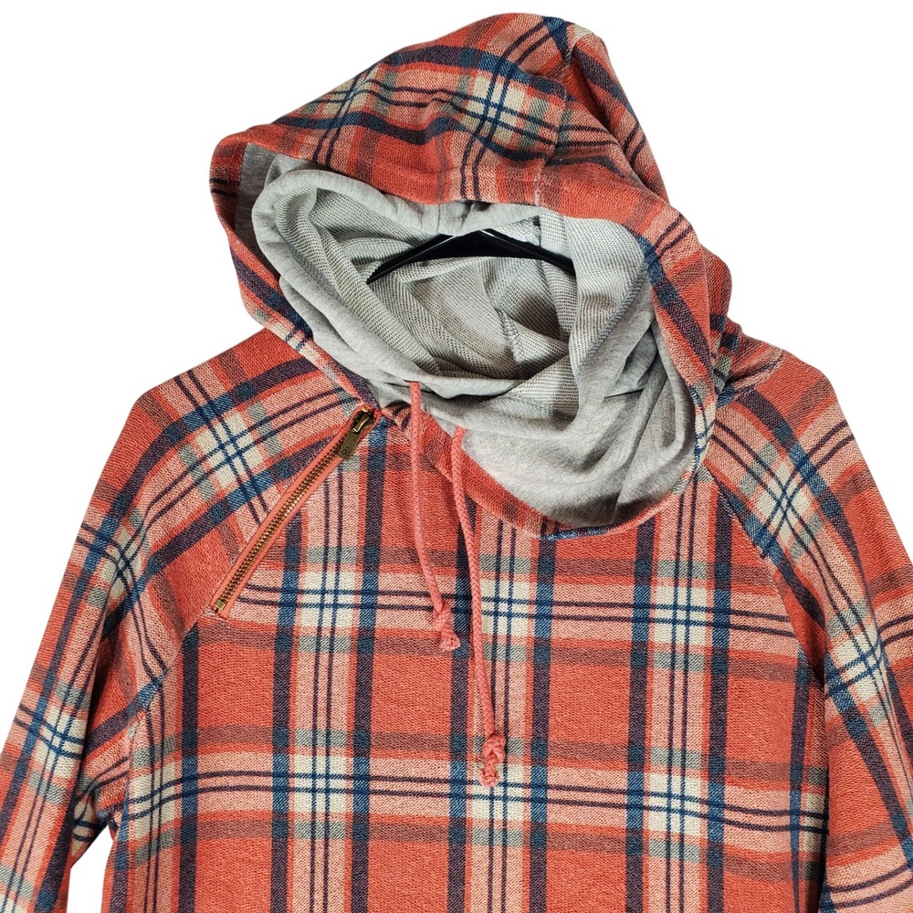 Ampersand Avenue DoubleHood Sweatshirt XXL Orange Blue Plaid Thumbhole Pullover